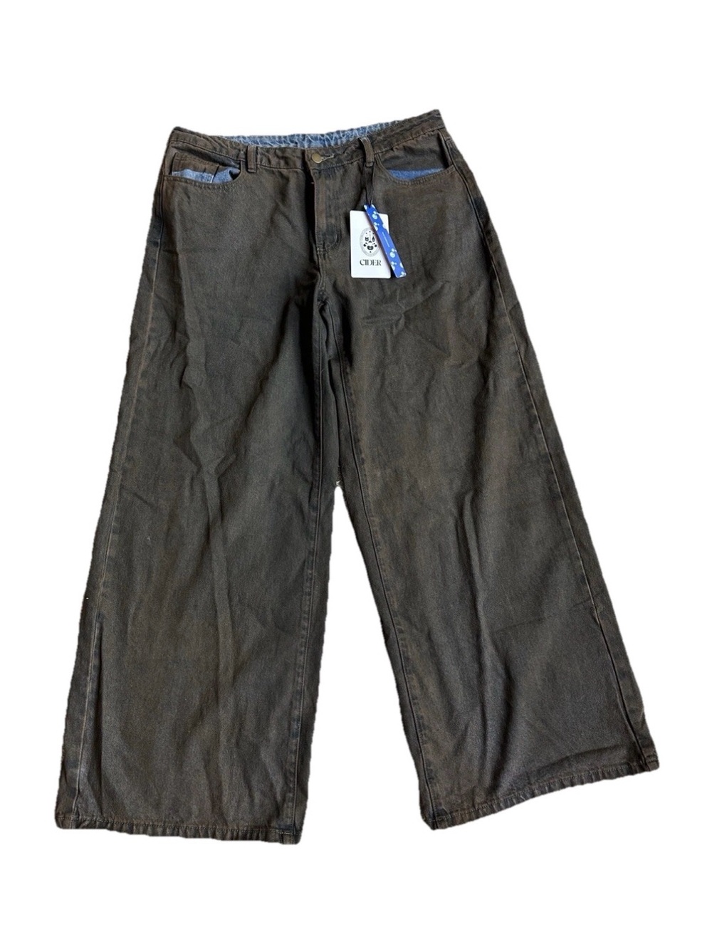 Cider Women's Denim Wide Leg Baggy Brown Jeans Size L NWT